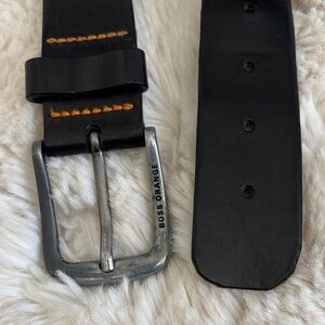 BOSS ORANGE Black Leather Belt with Orange Stitching and Brushed Metal Buckle